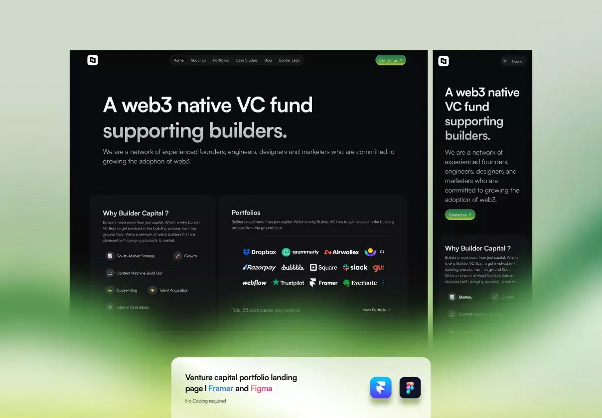 Venture capital portfolio landing page