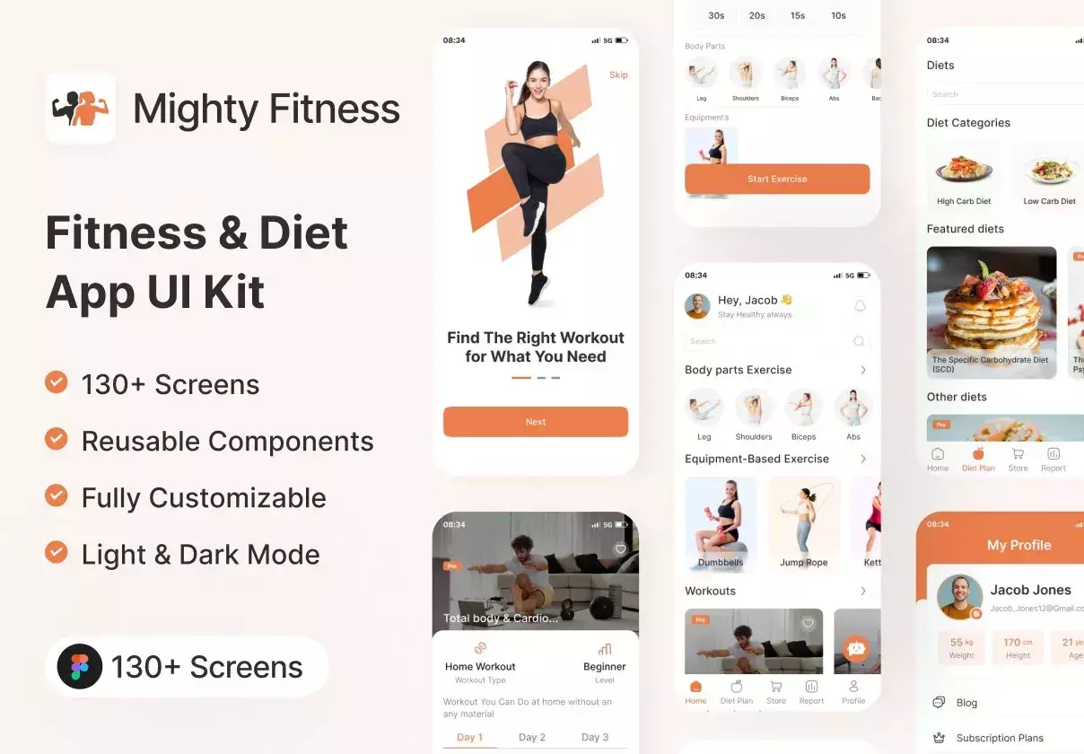 Mighty Fitness - Fitness & Diet App UI Kit