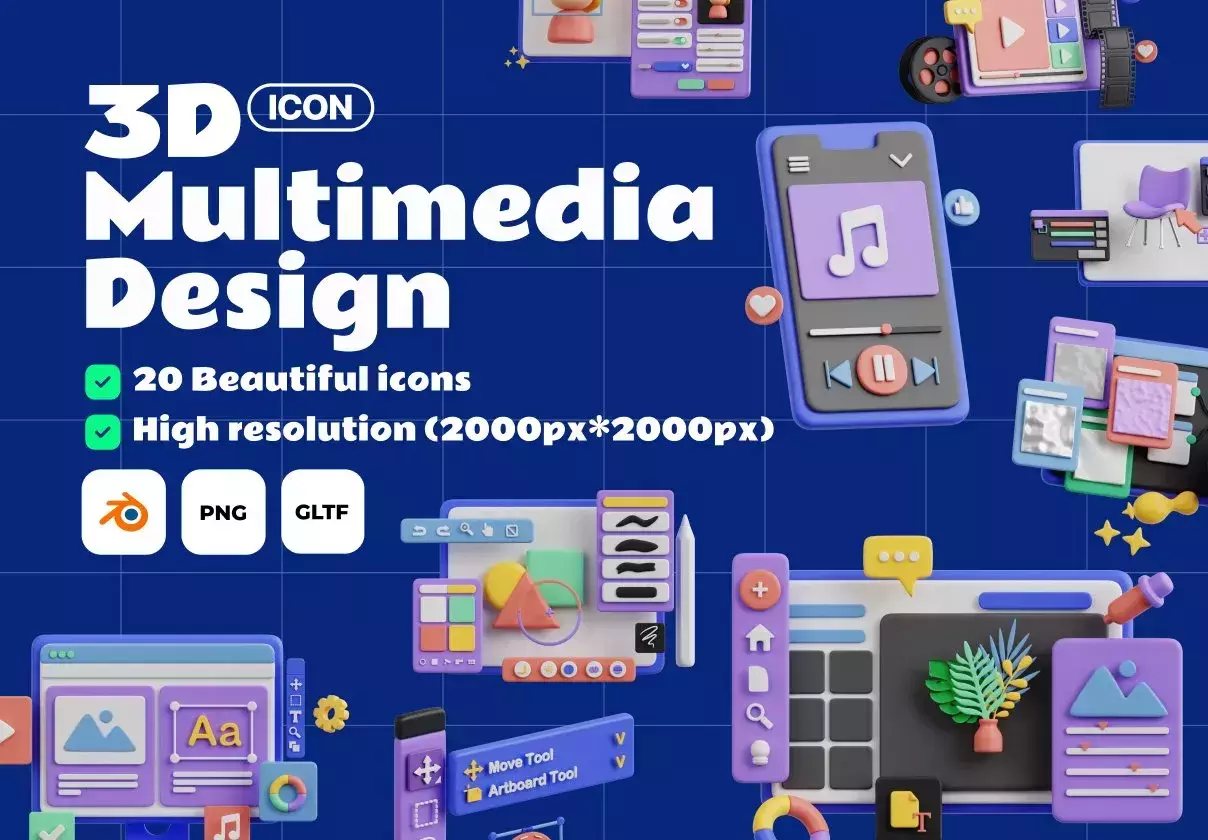 Multimedia Design 3D Icon Set